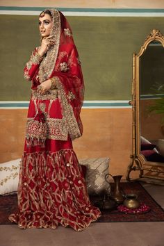 Bridal Sharara Pakistani Red, Nida Sharara With Mirror Work For Wedding, Wedding Nida Sets With Mirror Work, Wedding Sets With Mirror Work In Nida, Wedding Sets In Nida With Mirror Work, Nida Fabric Wedding Sets With Mirror Work, Nida Fabric Sets With Mirror Work For Weddings, Nida Sharara With Traditional Drape For Reception, Traditional Nida Sharara With Mirror Work