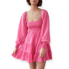 Size S Urban Outfitters | River Smock Long Sleeve Mini Dress Barbie Pink Airy Textured Mini Dress From Uo With A Square Neckline And Smocked Bodice. Tiered Through The Mini Skirt And Finished With Puff Sleeves. - 100% Polyester - Machine Wash Summer Mini Dress With Elastic Sleeves For Brunch, Casual Mini Dress With Elastic Sleeves, Mini Dress With Elastic Sleeves For Day Out, Pink Dress With Elastic Sleeves For Day Out, Pink Dresses With Elastic Sleeves For Day Out, Vacation Dress With Elastic Sleeves, Fitted Dress With Elastic Sleeves For Vacation, Spring Summer Smocked Dress With Square Neck, Spring And Summer Smocked Dress With Square Neck