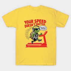 a yellow t - shirt with an image of a cartoon character running on a treadmill