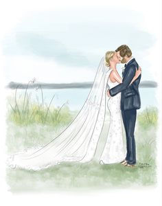 a bride and groom are kissing in front of the ocean on their wedding day illustration