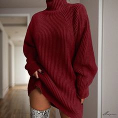 Elluis - Knitted Sweater Dress for Women featuring Long Drop Shoulder Sleeves and a Semi-High Collar Knitted Sweater Dress, Knitted Bodycon Dress, Plaid Blouse, Sweater Dress Women, Knit Sweater Dress, Sleeve Detail, Collar Dress, Dress For Women, Knitted Sweater