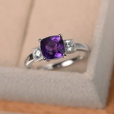 Wedding ring cushion cut natural amethyst ring silver ring | Etsy Fine Jewelry Cushion Cut Amethyst Ring, Fine Jewelry Purple Cushion Cut Amethyst Ring, Cushion Cut Purple Amethyst Ring, Cushion Cut Amethyst Ring In Purple, Fine Jewelry Amethyst Cushion Cut Ring, Cushion Cut Amethyst Ring For Weddings, Purple Cushion Cut Amethyst Jewelry, Purple Amethyst Cushion Cut Jewelry, Minimalist Jewelry Rings