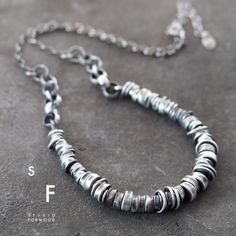 Necklace is made of oxidized silver 925 The details diameter is up to 0.31" (8 mm) Measurements: The whole length (optional): 15 - 24 inches  1.57 " extender (38-61cm 4 cm extender) The necklace worn by the model is 18" (45,5cm) long, Its weight is 14,5g. There's also an option to buy a bracelet and earrings to the set (visible on the last photograph). The elements in the necklace are strung on the professional, flexible stainless wire  It's signed © formood Artur Hornowski.  Thank you for visit Modern Silver Necklace With Oxidized Finish, Oxidized Link Metal Necklace, Oxidized Metal Link Necklace, Everyday Sterling Silver Necklace With Oxidized Finish, Minimalist Necklace With Oxidized Finish, Minimalist Round Necklace With Oxidized Finish, Minimalist Necklaces With Oxidized Finish, Silver Sterling Chain Necklace With Oxidized Finish, Oxidized Silver Round Chain Necklace