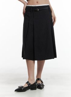 Black / S/M Summer Workwear Skirt With Vertical Stripes, Chic Striped Pleated Bottoms, Summer Workwear Bottoms With Striped Hem, Chic Pinstripe Skirt For Spring, Trendy Vertical Stripes Bottoms For Workwear, Trendy Workwear Bottoms With Vertical Stripes, Chic Fitted Bottoms With Striped Hem, Fitted Bottoms With Striped Hem For Spring, Chic Striped Knee-length Bottoms