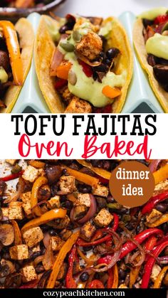 Here you have a tofu fajita recipe that is the perfect dinner idea. You simply assemble and bake in the oven, and then fill your tortillas, and top with an avocado dressing. Easy, vegetarian, and a meat free meal for your whole family can devour. Give this dinner idea a try for your friends and family. Tofu Fajitas, Vegetarian Sheet Pan, Seasoned Tofu, Sheet Pan Fajitas, Pan Fajitas, Fajita Veggies, Winter Dinners, Peach Kitchen, Vegetarian Comfort Food