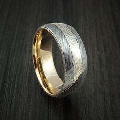 Damascus Steel and Mokume Ring with Yellow Gold Sleeve Wedding Band Custom Made Damascus Mens Rings, Modern Etched Jewelry For Wedding, Formal Etched Round Band Jewelry, White Gold Jewelry With Brushed Finish For Formal Occasions, Formal White Gold Jewelry With Brushed Finish, Modern Etched Jewelry For Anniversary, Elegant White Gold Jewelry With Brushed Finish, Etched Round Promise Ring, Etched Round Band Promise Jewelry