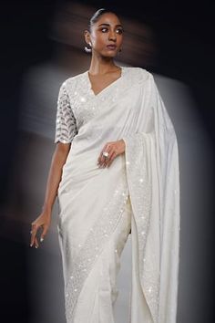 Ivory saree with all over hand embroidery. Paired with a blouse with hand embroidered sequins, poth, bugel beads and resham and a petticoat. - Aza Fashions Ivory Saree, Sanya Malhotra, Drape Saree, Jacqueline Fernandez, Banarasi Sarees, Set Women, Handloom Saree, Raw Silk, Sarees Online