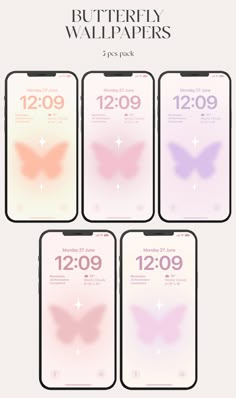 four iphones with butterfly wallpapers on them