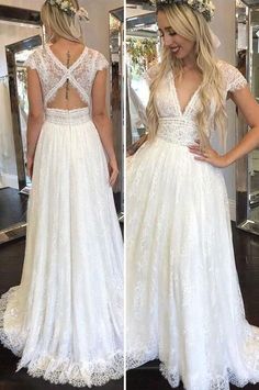 two pictures of a woman in a wedding dress and one is wearing a flower crown