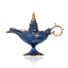 a blue vase with gold trimmings and a hook on the handle is shown in front of a white background