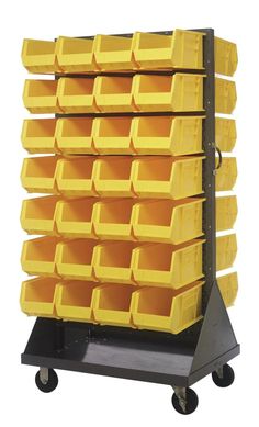 yellow bins are stacked on top of each other in a metal rack with wheels