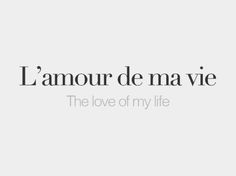 the words i amour de ma vie are in black and white, with an image of