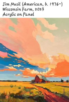 a painting of a red barn in the middle of a field with clouds above it