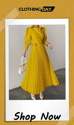 Office Pleated Asymmetric Solid Color Lapel Maxi Dress