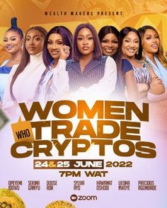 the women who trade cryptos poster is shown with gold coins in front of it