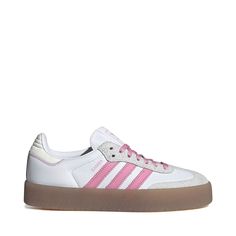 Womens adidas Sambae Athletic Shoe - White / Bliss Pink / Off White | Journeys Womens Adidas, Athletic Shoe, Soft Textiles, Shoe Size Chart, White Style, Cute Shoes, Adidas Women, Smooth Leather, Athletic Shoes