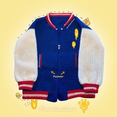 a knitted jacket with patches and buttons on the sleeves is shown in front of a yellow background