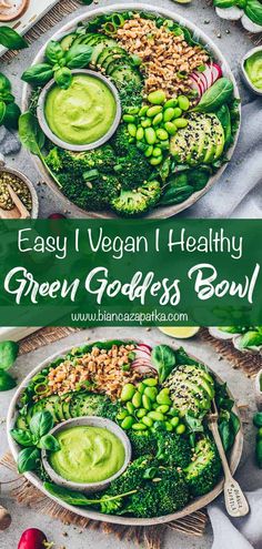 green goddess bowl with broccoli, beans and peas