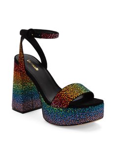 Anchored by a platformed block heel, the Dolly sandals by Larroude are decorated with gleaming multicolored crystals. This statement pair is crafted of rich suede. 100% suede upper Round open toe Ankle buckle strap 100% leather sole Imported SIZE Self-covered block heel, 4.5 Platform height, 1.5 Mid Heel Sandals, Strap Sandals Women, Leather Platform Sandals, Platform High Heels, Ankle Strap Heels, Ankle Straps, Black Crystals, Ankle Strap Sandals, High Heel Sandals