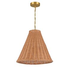 a light that is hanging from a ceiling fixture with wicker material and gold metal fittings