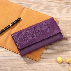 Ladies Wallet First Layer Cowhide Women Long Wallet Cowhide Card Case In Stock - Dazpy Bill Holder, Hidden Compartments, Leather Long Wallet, Rfid Wallet, Polka Dot Print, Dot Print, Long Wallet, Dark Purple, Wine Red