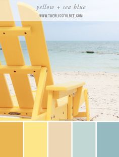 a yellow beach chair sitting on top of a sandy beach next to the ocean with color swatches