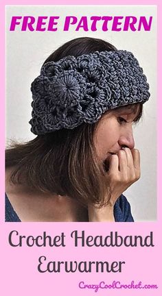 a woman wearing a crochet headband with the text free pattern