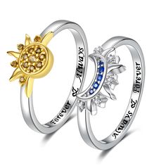 Cheap Promise Rings For Teens, Friend Aversary Gifts, Couples Rings Silver, Friendship Jewelry For Three, Cute Gifts For Partner, Bff Jewelry For 2 Rings, Best Friend Matching Jewelry, Sun And Moon Wedding Rings, Rings For Bff