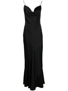 black satin finish cowl neck spaghetti straps slip silhouette fishtail train floor-length Formal Satin Maxi Dress With Cowl Neck, Satin Maxi Dress With Cowl Neck For Formal Events, Satin Cowl Neck Maxi Dress For Formal Occasions, Satin Floor-length Slip Dress For Dinner, Floor-length Satin Slip Dress For Dinner, Black Maxi Dress With Cowl Back For Evening, Satin Cowl Neck Slip Dress For Gala, Cowl Neck Satin Slip Dress For Gala, Elegant Evening Slip Dress With Cowl Neck