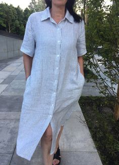 "This soft washed linen dress is made individually for you after ordering. You can wear this shirt-type dress at work, on a daily trip to the city, or on vacation. The dress has a belt that you can use it if you want to look more elegant, or you can just wear a dress without a belt - it will make you feel more relaxed and independent. Lithuanian linen fabric is very high quality, soft and comfortable to wear. Wearing linen clothes makes you sweat less because the fabric breathes. This is a great Shirt Dress Casual Outfit, Shirt Dress Styles Casual, Linen Shirt Dress Women, Shirt Frocks For Women, Trip Dresses For Women, Casual Linen Dress, Linen Shirt Dress Outfit, Daily Dress Casual, Cotton Dress Summer Casual