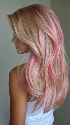 Blond To Pink Hair, Blonde Hair With A Pink Streak, Pink Highlights In Blonde Hair Curly, Pink Highlights Underneath Hair, Blonde Hair Color With Pink, Blond Hair With Pink Streaks, Highlights On Blond Hair, Blond Hair Pink Highlights, Blond With Pink Highlights