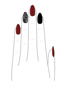 unha vermelha com preto e glitter#unhas Dark Red And Black Nail Designs, Tvd Inspired Nails, The Vampire Diaries Nails Ideas, Cute Black Nails Ideas Simple, Red Nails And Black, Simple Red And Black Nails, Scarlet Witch Nails, Black And Red Nail Ideas, Red Gel Nails