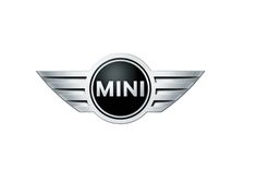 the mini logo is shown in black and white with silver wings on it's side