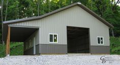 two garages are shown in the middle of a wooded area with trees and bushes