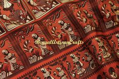 Best quality rust orange Baluchari silk saree with black and off-white allover meenakari work depicting stories from Hindu mythology. Be sure to leave a few jaws dropped when you drape this masterpiece with all its weaves and motifs. Silk used is of silk mark certified quality. Tic tac rhythm of handloom and dexterity of experienced artisans is beautifully manifested in this exquisite variety of saree. This Baluchari takes a minimum of 4-5 weeks to make by experienced and deft hands. It is avail Orange Kalamkari Print Dupatta For Festivals, Katan Silk Saree, Hindu Mythology, Katan Silk, Banarasi Saree, Rust Orange, Tic Tac, Silk Saree, Silk Sarees