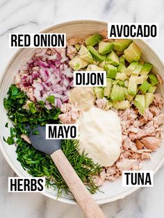 the ingredients to make tuna salad in a bowl