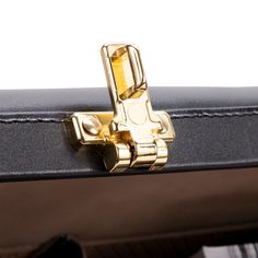 a close up of a black suitcase with gold handles and latches on the handle