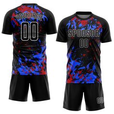 the front and back of a soccer uniform with blue paint splattered on it