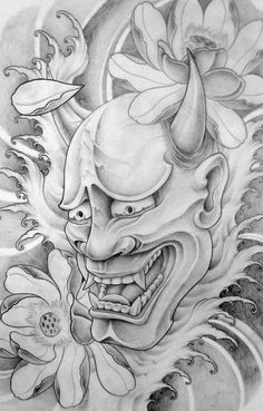 a drawing of a demon with flowers on his chest and face in the middle of it