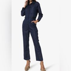 This Blue 3x1 Joelle Denim Jumpsuit Has Been Made In The Usa And Cut In A Relaxed, Straight Leg Silhouette. It Features A Classic Collar, Long Sleeves, Buttoned Cuffs, Chest And Rear Patch Pockets, Adjustable Waist Tabs And Button Fastenings. Nwt. Size Small The Model Is 70.1in Wearing Size Small Bust: 33.5in Height: 70.1in Hips: 35.4in Waist: 23.2” Fitted Straight Leg Denim Jumpsuit For Work, Fitted Utility Overalls For Workwear, Fitted Denim Blue Jumpsuit For Work, Fitted Dark Wash Jumpsuits For Work, Fitted Straight Leg Jumpsuits For Workwear, Fall Denim Jumpsuit With Button Closure For Work, Utility Style Long Sleeve Denim Jumpsuit For Work, Utility Style Fitted Denim Jumpsuit For Workwear, Utility Denim Jumpsuit For Workwear