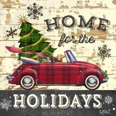 a red car with a christmas tree in the back and words penny's home for the holidays