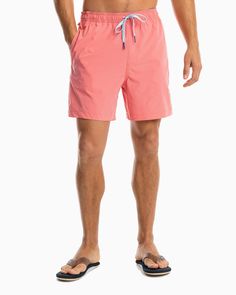 The model front view of the Men's Solid Swim Trunk by Southern Tide - Rouge Red Preppy Boys Outfits, Preppy Boys, Water Adventure, Southern Shirts, Southern Tide, Sharp Dressed Man, Cute Swimsuits, Mens Swim Trunks, Comfy Sweaters