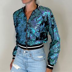 Like New Condition - Never Worn Fun Jacket To Space Up Your Outfit Casual Spring Outerwear With Sequins, Casual Sequined Outerwear For Spring, Trendy Blue Outerwear For Parties, Trendy Blue Party Outerwear, Casual Winter Outerwear With Sequins, Casual Fall Outerwear With Sequins, Casual Sequined Outerwear For Winter, Casual Sequined Outerwear For Fall, Trendy Forever 21 Outerwear For Night Out