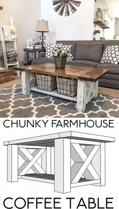 a coffee table with baskets underneath it and the words chunky farmhouse house on top