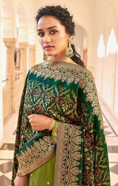 Bright Olive Green Designer Embroidered Jacquard Party Wear Pant Suit-Saira's Boutique Green Banarasi Silk Sets With Intricate Embroidery, Green Long Sleeve Traditional Wear With Zari Weaving, Traditional Jacquard Sets For Formal Occasions, Wedding Jamawar Palazzo Set With Long Sleeves, Long Sleeve Brocade Salwar Kameez With Dupatta, Formal Embroidered Green Sharara, Elegant Jacquard Set With Dupatta, Long Sleeve Sets With Zari Weaving, Elegant Jacquard Sets For Festive Occasions