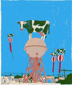 a drawing of a cow on top of a water tower with other cows in the background