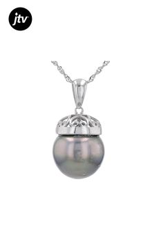 13-14mm Cultured Tahitian Pearl Rhodium Over Sterling Silver Pendant With Chain. Pendant measures approximately 1" L x 1/2" W and has a 6mm bail. Singapore chain measures approximately 18 inches in length, 1/32 of an inch in width with a lobster claw clasp closure and a 2 inch extender. Colors, shapes, and sizes may vary. Silver Necklace With Bail In Fine Jewelry Style, Tahitian Pearl Round Pendant Necklace For Anniversary, Tahitian Pearl Round Pendant Necklace For Formal Occasions, Formal Silver Necklaces With Bail, Classic Tahitian Pearl Pendant Jewelry, Tahitian Pearl Necklace In White Gold, Tahitian Pearl Pendant For Formal Occasions, Tahitian Pearl Pendant Jewelry For Formal Occasions, Tahitian Pearl Pendant Jewelry For Formal Events