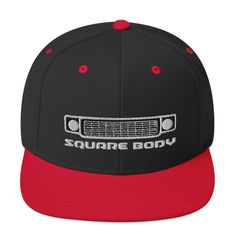 Square Body Squarebody Round Eye Snapback Hat-In-Black/ Red-From Aggressive Thread Fitted Snapback Hat For Outdoor, Fitted Flat Bill Snapback Hat For Outdoor, Fitted Snapback Hat With Flat Brim For Outdoor, Fitted Flat Brim Snapback Hat For Outdoor, Fitted Trucker Snapback Hat With Flat Bill, Fitted Trucker Hat Snapback Style, Fitted Snapback Trucker Hat, Fitted Snapback Outdoor Hats, Red Fitted Snapback Hat