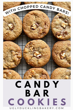 nine drop cookies with candy bar pieces on a cooling rack. The title says Candy Bar Cookies with Chopped Candy Bars. The website ugly duckling bakery dot com is at the bottom. Cookies With Candy, Halloween Candy Bar, Candy Bar Cookies, Leftover Halloween Candy, Chocolate Chip Cookie Recipe