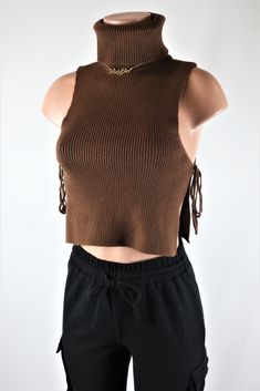 Size: L Side Tie Vest, Turtleneck Sweater Vest, Pattern Board, Side Tie Top, Woolen Tops, Turtleneck Tank Top, Tie Sweater, Vest And Tie, Sleeveless Knit